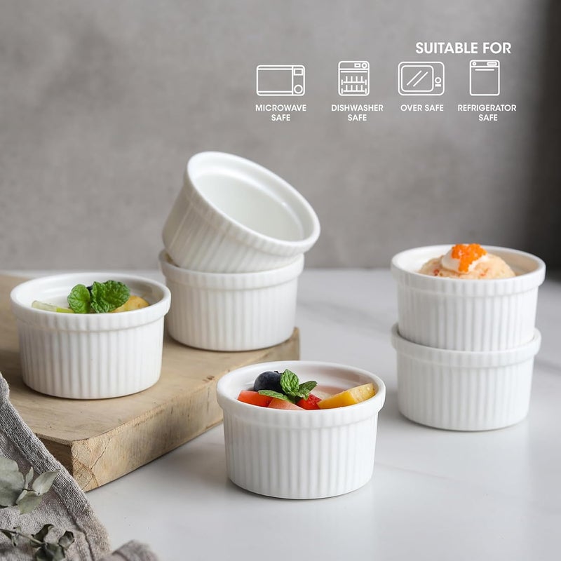 Feenmai Ramekins 4 oz Creme Brulee Ramekins Oven Safe Bowls Set of 6 Small Ceramic Baking Bowls Porcelain Pudding Custard Souffle Bowls Dipping Sauce Bowls White Kitchen Remekins for Baking - Image 4